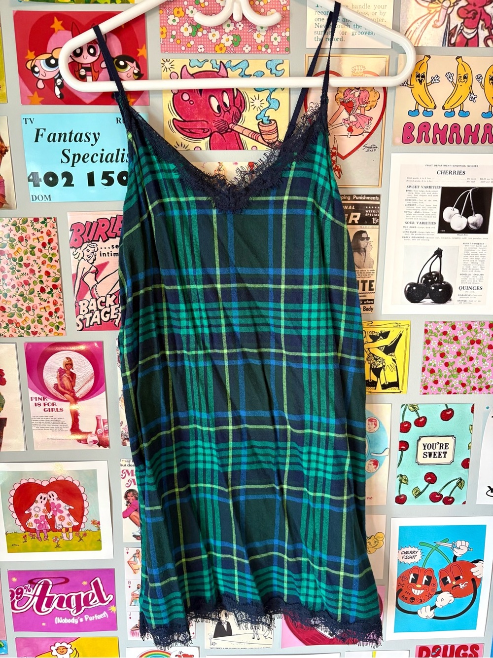 Aerie Plaid Lace-Trim Slip Dress - Green/Blue